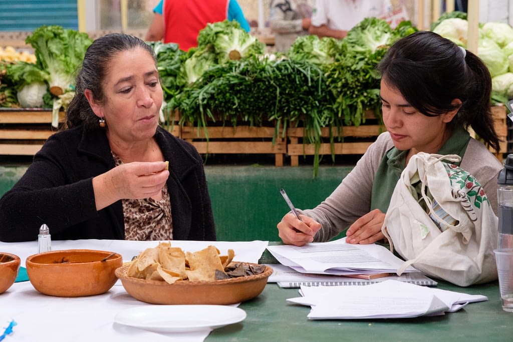 “There was an interesting gender aspect to this research: it was mostly women buying and making these maize-based foods, and women were more willing to pay a premium for blue maize,” said Miriam Perez (right), research assistant and interviewer. (Photo: Carolyn Cowan/CIMMYT)