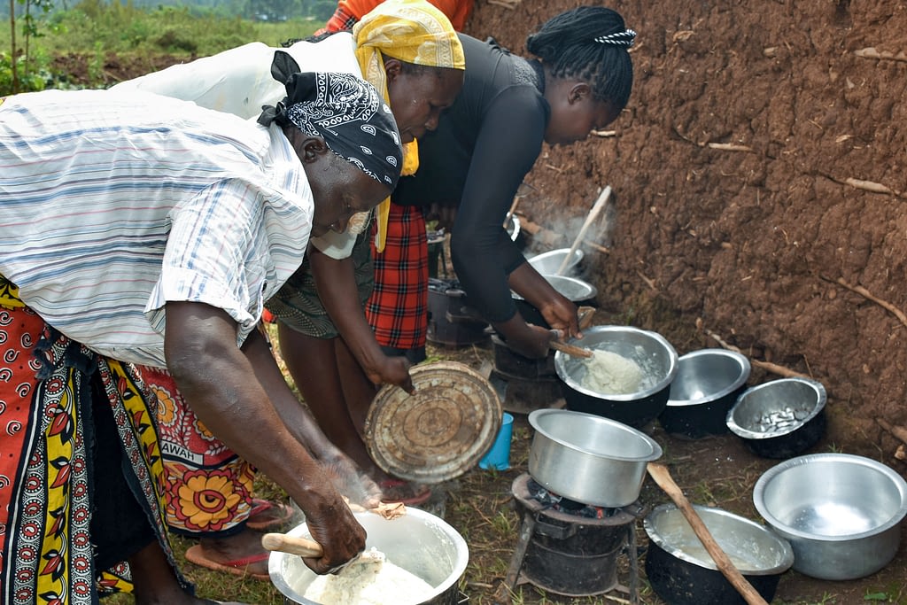 Cooks prepare ugali, or maize flour porridge, with different maize varieties at a sensory evaluation in Kakamega County, Kenya. (Photo: Joshua Masinde/CIMMYT)