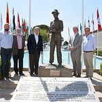 (Left to right) Jelle Van Loon, John Goldberg, Ted McKinney, RJ Karney and Kevin Pixley stand for a group photo next to the Norman Borlaug statue at CIMMYT’s global headquarters in Texcoco, Mexico. (Photo: Francisco Alarcón/CIMMYT)