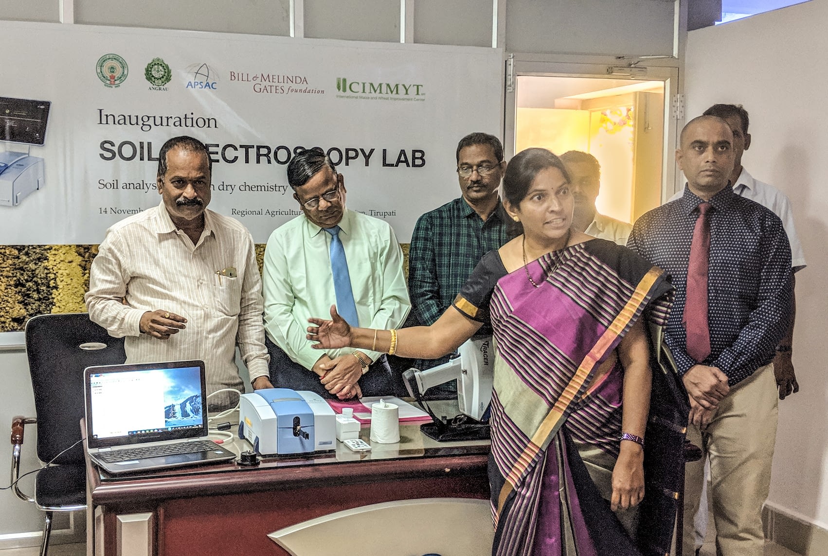 K.V. Naga Madhuri, Principal Scientist for Soil Science at Acharya N. G. Ranga Agricultural University (front), explains soil spectra during the opening of the soil spectroscopy lab at the Regional Agricultural Research Station in Tirupati, Andhra Pradesh.