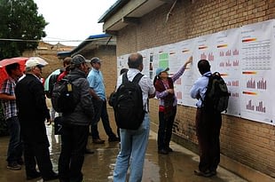 Li Lingling presents her 14 years of trial data on a 16-m wall poster in drizzling rain to the international attendees at Dingxi Research Station. Photo: Jack McHugh/CIMMYT