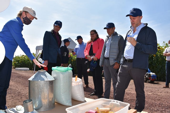 CIMMYT senior scientist and cropping systems agronomist Nele Verhulst (left) shows the benefits of conservation agriculture to visitors at CIMMYT’s experimental station in Texcoco, Mexico. (Photo: Francisco Alarcón/CIMMYT)