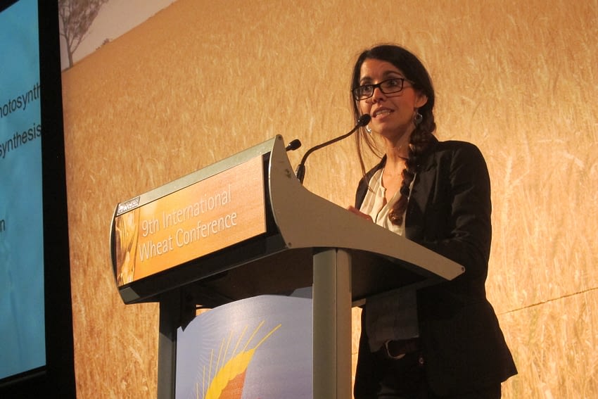 CIMMYT scientist Gemma Molero speaks at the 9th International Wheat Congress in Sydney, Australia, in 2015. (Photo: Julie Mollins/CIMMYT)