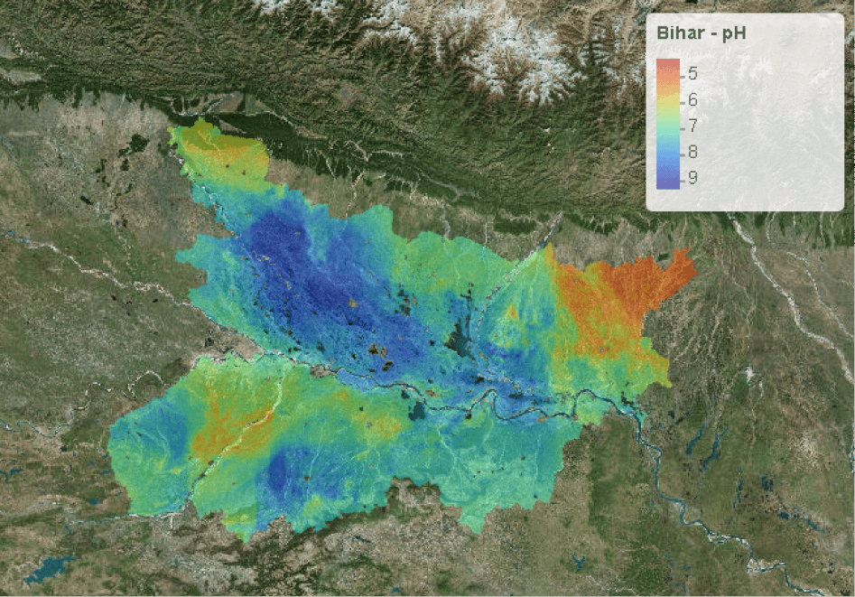 An example of digital soil mapping (DSM), showing pH levels of soil in the state of Bihar. (Map: Amit Kumar Srivastava/CIMMYT)
