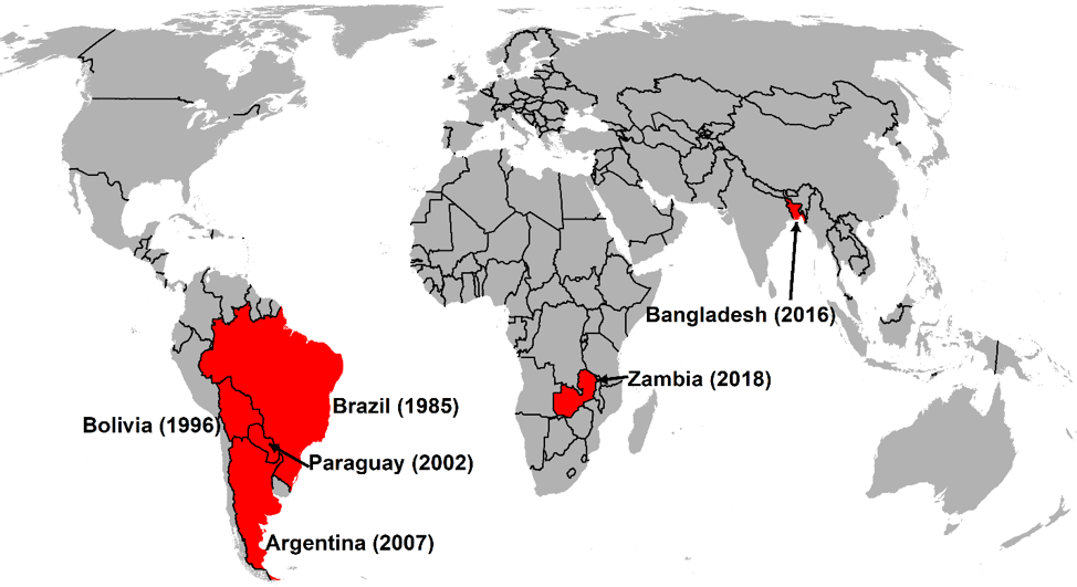 Wheat blast has expanded rapidly since it was initially discovered in Brazil in 1985. (Map: Kai Sonder/CIMMYT)